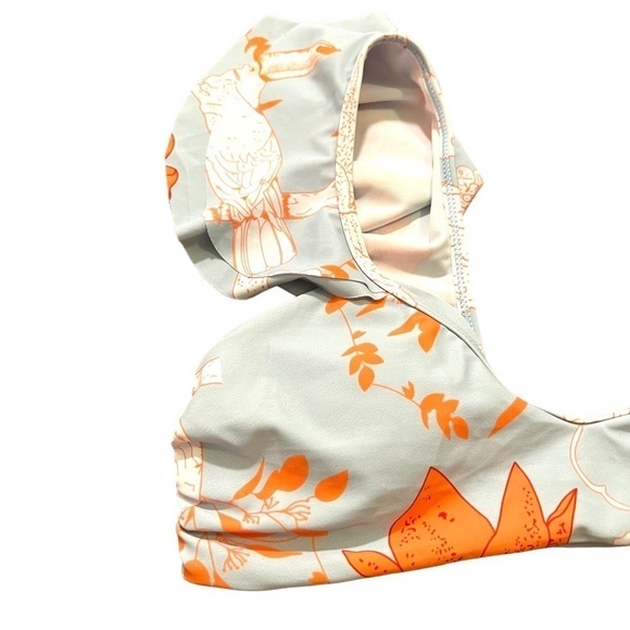 Bikini Top Light Blue White Orange Floral Birds Ruffle M - Picture 2 of 8